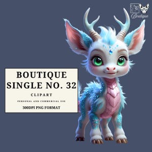 May include: A digital clipart image of a fantasy creature, a baby dragon, with a white body, blue accents, and pink details. The image includes the text "BOUTIQUE SINGLE NO. 32 CLIPART".