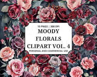 Moody Florals Clipart Vol. 4 – Dark Roses & Carnations PNGs, Gothic Flower Borders