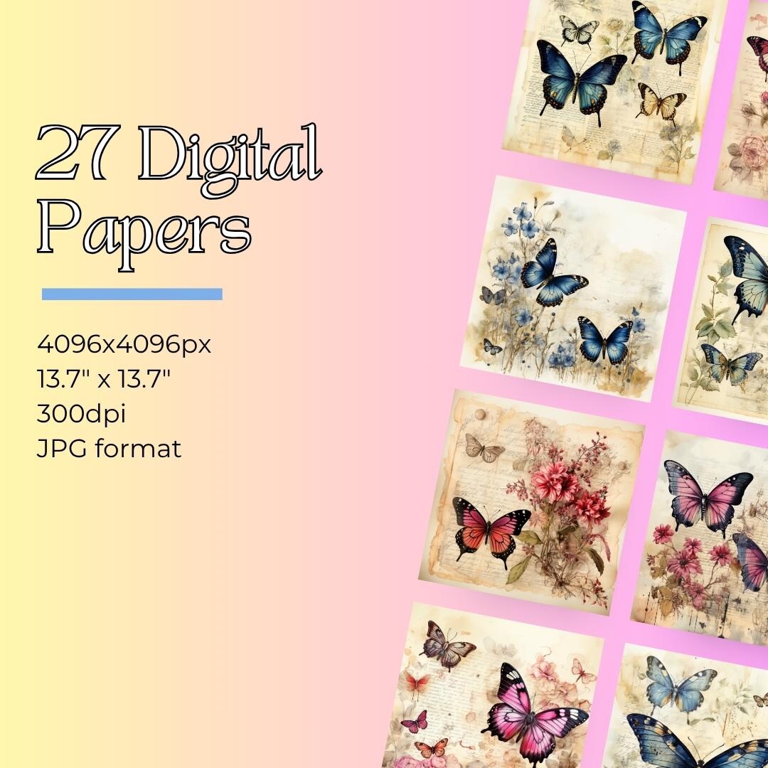 Vintage Butterfly Digital Papers | Floral Butterfly Junk Journal Pages ...