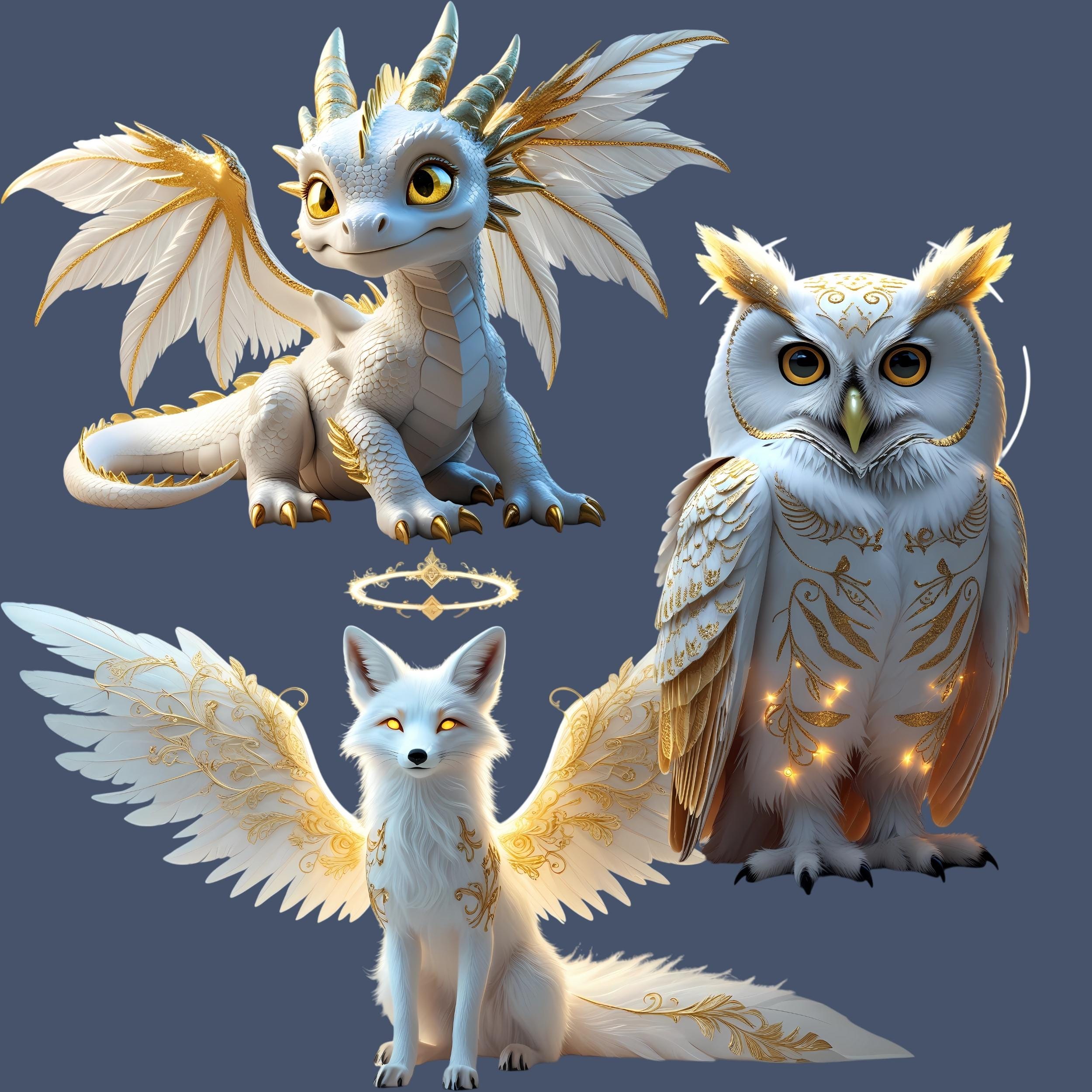 Angelic Fantasy Creatures Clipart | White & Gold Celestial Animals With ...