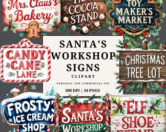 Santa’s Workshop Sign Clipart PNG, Christmas Village Signs, North Pole Holiday Sign Art, Festive Xmas Clipart Set