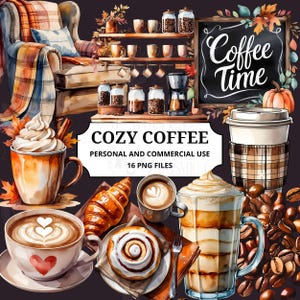 Puede incluir: Ilustración en acuarela de un tema de café acogedor. Presenta tazas de café, granos, pasteles y una pizarra que dice "Coffee Time". Incluye un sillón con una manta a cuadros y una calabaza.
