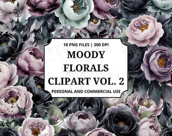 Stimmungsvolle Blumen Clipart Vol. 2 Dunkel Botanica | Gotische Blumen PNGs | Rose & Pfingstrose Aquarell Clip Art