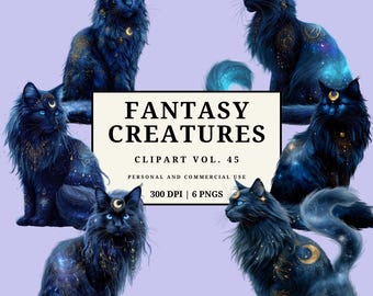 Celestial Cat Clipart | Boutique Fantasy Creatures PNG Set | Cosmic Star Cats | 6 PNGs | 4000px | 300 DPI