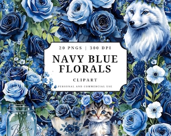 Navy Blue Floral Clipart Bundle Watercolor Roses PNG Digital Flowers Boho Botanical Art Set