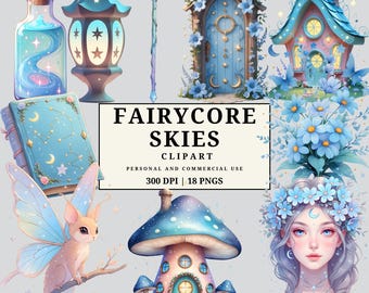 Fairycore Skies-clipartpakket | Pastelblauwe hemelse fee 18 png-set | Manen Sterren Fairy Doors Fantasy Art