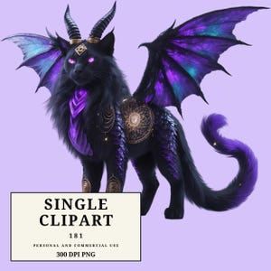 May include: A black cat-like creature with purple and blue wings, horns, and glowing eyes. The creature has a long, fluffy tail and is adorned with gold accents. The image includes the text "SINGLE CLIPART" and other details.