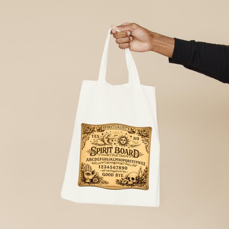 Victorian spirit board design printed on a white tote bag to demonstrate real-world crafting and print use.