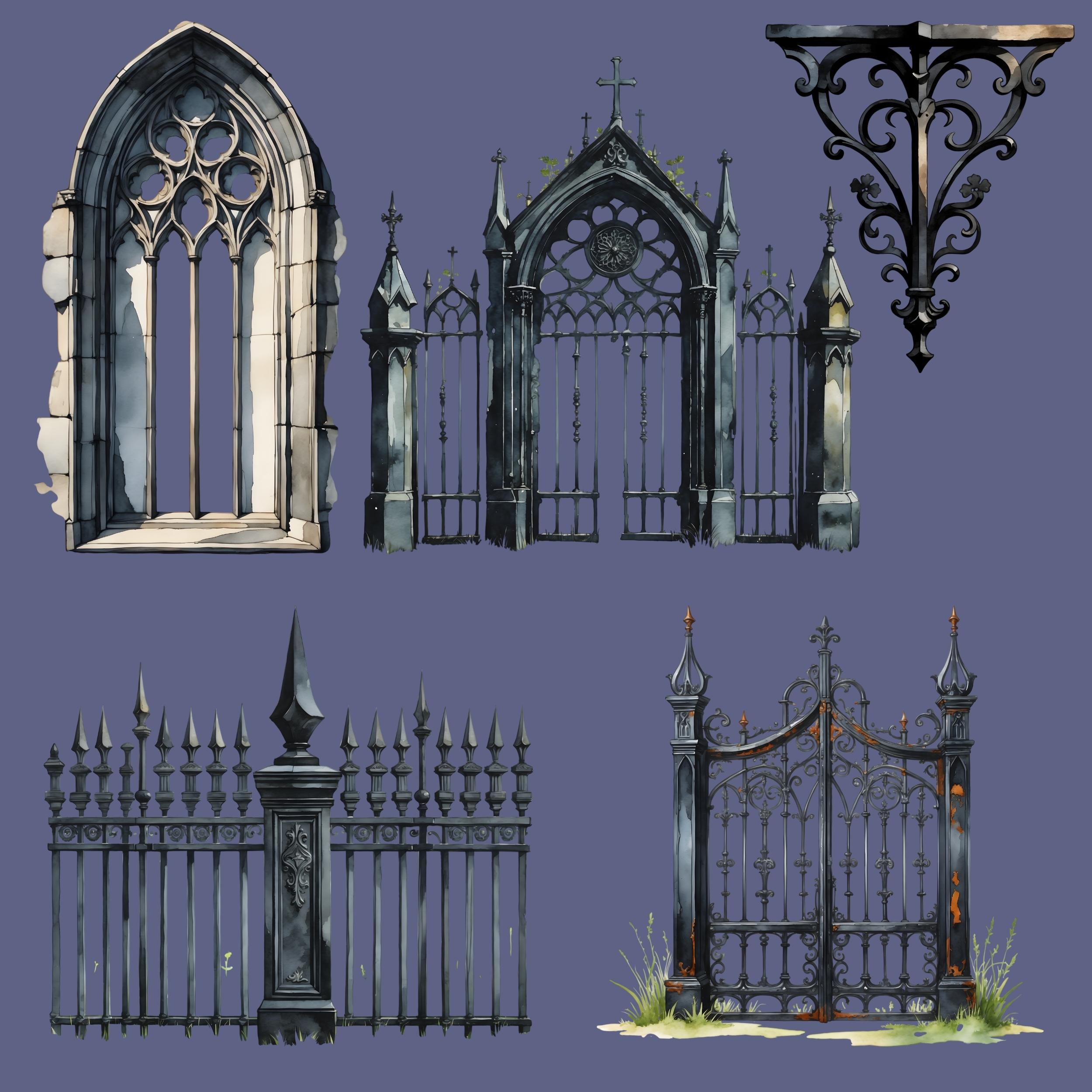 Column Cemetary Gate Gothic Architecture Clipart PNG Bundle, Arches Stained Glass Cemetery ...