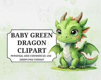 Baby Green Dragon Clipart | Cute Fantasy Creature PNG | 300 DPI Transparent Background