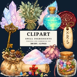 Könnte beinhalten: Digitales Clipart mit verschiedenen Zauberzutaten. Enthält Kristalle, einen Schlüssel, eine Zaubertrankflasche, ein Wachssiegel, ein Holzschild, einen Beutel, eine Schriftrolle, ein Glas und einen Haufen Pulver. Der Text "CLPART SPELL INGREDIENTS" ist ebenfalls enthalten.