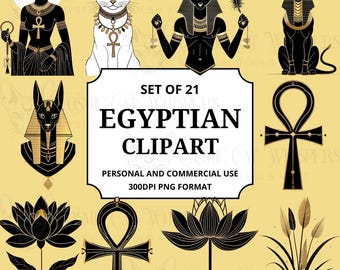 Egyptian Clipart Pack – Black & Gold Cat Deities, Anubis, Bastet, Ankhs, PNG Set CCW004