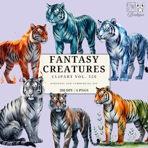 May include: A digital art collection featuring six fantasy tiger illustrations in various colors, including orange, blue, and white. The image includes the text "FANTASY CREATURES CLIPART VOL. 120".