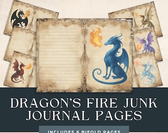 Dragon’s Fire Junk Journal Pages | 6 Printable 8.5x11 Bifold Landscape Sheets | Fantasy Dragon Journal Kit