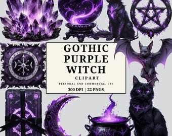 Gothic Witch Clipart PNG Pack, Purple Black Fantasy Witch Arcane Mystical Elements, Dark Occult Illustrations 300 DPI, 20 PNGs
