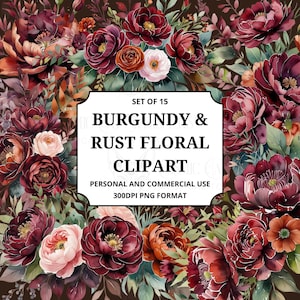 Burgundy And Rust Flower Clipart, Autumn Wedding Bouquets, Fall Watercolor Floral Bouquet PNG Set, Rustic Burgundy Flowers