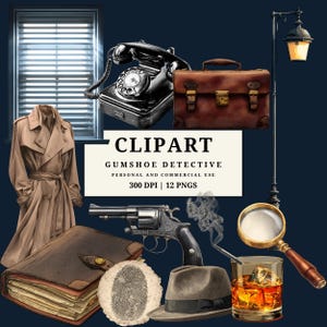 Gumshoe Detective Clipart PNG-paket, Vintage Noir-detektivelement, Retro brottsutredningskonst, Klassisk mysterie-ephemera