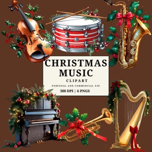 Könnte beinhalten: Eine festliche Illustration mit einer Geige, einer Trommel, einem Saxophon, einem Klavier, einer Trompete und einer Harfe, geschmückt mit Stechpalmen und roten Bändern. Das Bild enthält den Text "CHRISTMAS MUSIC CLIPART".