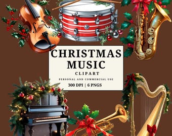 Clipartset kerstmuziek • PNG's voor kerstinstrumenten met hulst en strikken • 6 feestelijke illustraties