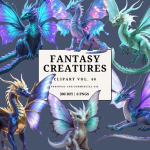 Puede incluir: Una impresión de arte digital que presenta varios dragones de fantasía con colores vibrantes. Los dragones tienen alas grandes y detalladas y están en varias poses. La imagen incluye el texto "FANTASY CREATURES" y "CLIPART VOL. 46".