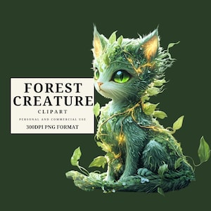 May include: A whimsical illustration of a forest creature, a cat-like figure, adorned with leaves and vines. The creature has bright green eyes and fur, with the text "FOREST CREATURE CLIPART" in a white box. The image is on a dark green background.