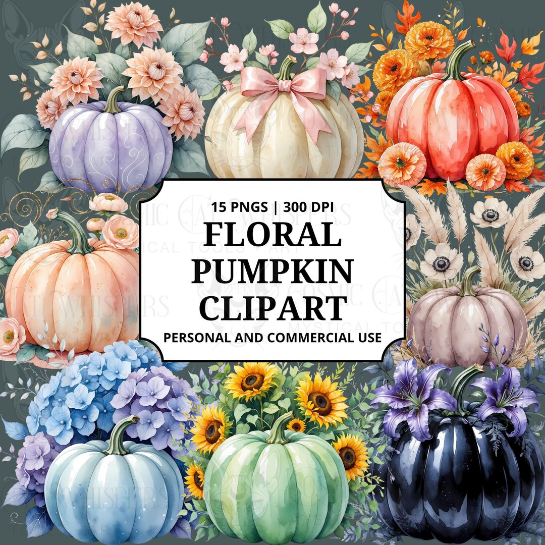 Watercolor Floral Pumpkin Clipart Bundle Autumn Fall Harvest Flower ...