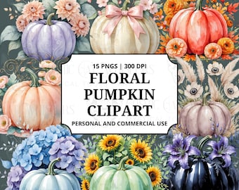 Watercolor Floral Pumpkin Clipart Bundle Autumn Fall Harvest Flower PNGs