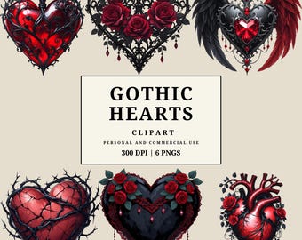 May include: Gothic Hearts clipart featuring six heart designs. The hearts are in various styles, including ornate filigree, roses, and anatomical hearts. The color palette includes red, black, and accents of silver. The text on the image reads "Gothic Hearts Clipart".