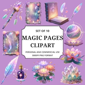 May include: A collection of ten "Magic Pages Clipart" images on a purple background. The images include a wand, open book, quill, crystals, lotus flowers, and a bottle. The text on the image says "Set of 10 Magic Pages Clipart".