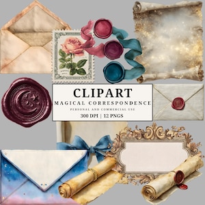 Pacchetto di clipart PNG di corrispondenza magica, buste vintage, sigilli di cera, pergamene ed etichette decorate, cancelleria fantasy 300 DPI
