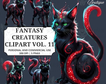 Fantasy Creatures Clipart Vol. 11 | Black Cat with Crimson Accents | Mystical Animal PNGs
