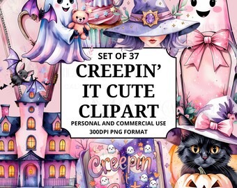 Paquete de imágenes prediseñadas Creepin' It Cute: 37 PNG de Halloween góticos pastel: fantasmas kawaii, calderos, ataúdes, murciélagos y acuarela.