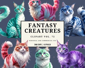 Könnte beinhalten: Eine Sammlung von Fantasy-Katzen-Clipart in verschiedenen Farben, darunter Rosa, Blau, Grün und Lila. Das Bild enthält den Text "FANTASY CREATURES CLIPART VOL. 72" sowie Details zur persönlichen und kommerziellen Nutzung, 300 DPI und 6 PNGs.