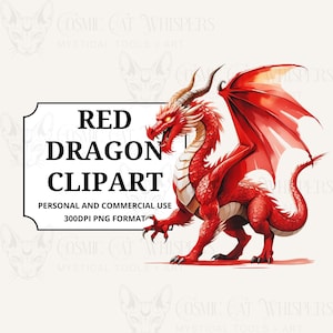 May include: A vibrant red dragon clipart illustration with large wings, horns, and sharp claws. The image includes the text "RED DRAGON CLIPART" and "PERSONAL AND COMMERCIAL USE 300DPI PNG FORMAT". The dragon is a fantasy art design.