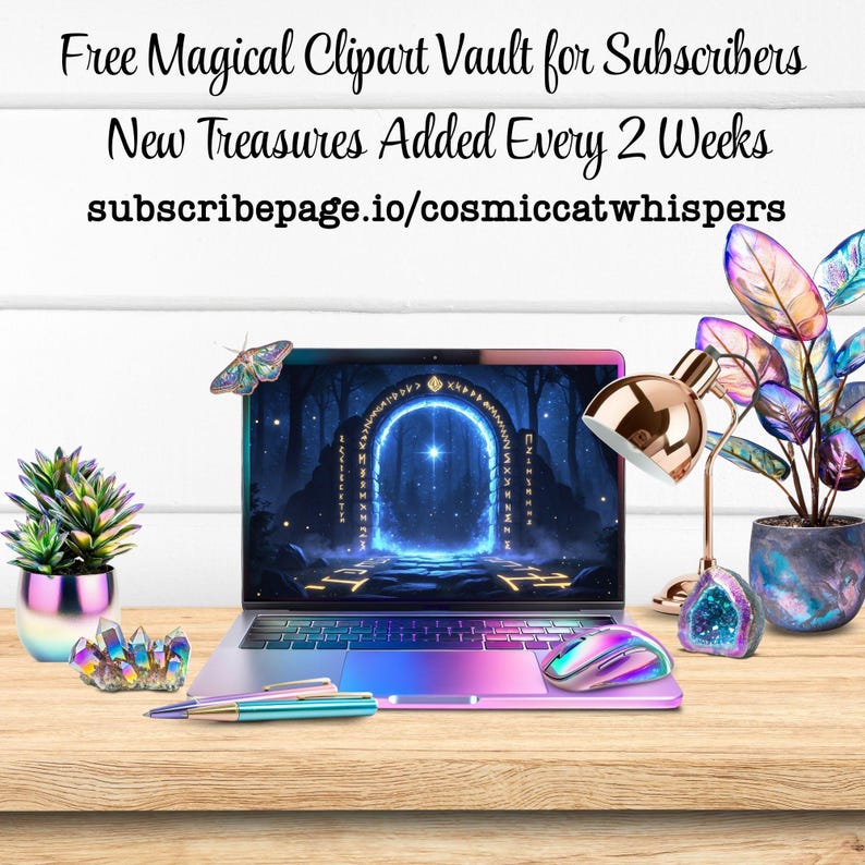 May include: A laptop with a gradient finish shows a digital portal scene. The image includes a mouse, pen, and decorative items like a lamp, crystals, and a potted plant. Text at the top reads "Free Magical Clipart Vault for Subscribers".