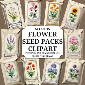 Vintage Seed Packet Clipart – Watercolor Flower Seed Packet Illustrations PNGs