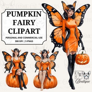 Könnte beinhalten: Digitales Clipart mit einer Kürbisfee mit orangefarbenen und schwarzen Schmetterlingsflügeln und einem orangefarbenen Kleid. Der Text "Pumpkin Fairy Clipart" und "Personal and Commercial Use" ist enthalten.