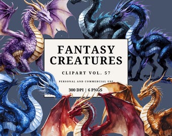 Watercolor Dragon Clipart | Fantasy Creatures PNG | Mythical Dragon PNGs | Digital Download | Printable Fantasy Art