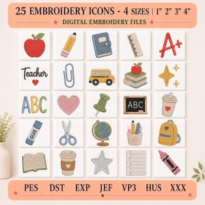Könnte beinhalten: Eine digitale Sammlung von 25 Stickerei-Icons zum Thema Schule in den Größen 2,5, 5,1, 7,6 und 10,2 cm. Das Raster zeigt Illustrationen von Apfel, Bleistift, Notizbuch, Lineal, A+ Note, Schulbus, Büchern, Sternen, ABC-Buchstaben, Herz, Pinnadel, Tafel, Becher, Kleber, Schere, Globus, Rucksack, offenem Buch, Kaffeebecher und Wachsmalstift.