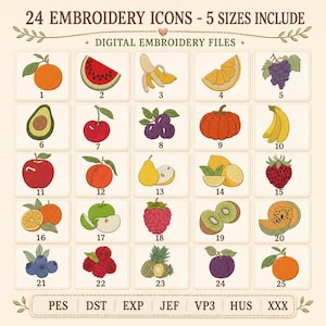 Bundel fruitpictogram borduurontwerpen (digitale download)