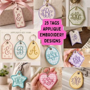 Peut inclure: Une collection de 25 motifs de broderie appliquée pour porte-clés, incluant des formes variées comme des rectangles, ovales, étoiles et cœurs. Chaque étiquette présente des monogrammes brodés et des motifs à carreaux ou floraux avec anneaux.