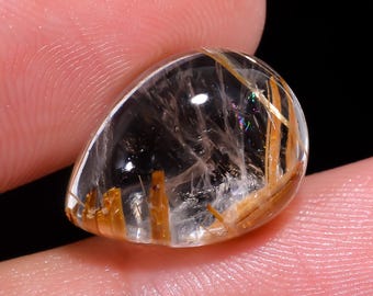 Natural Golden Rutilated Quartz Cabochon, Pear Shape Gemstone 15X11X7mm