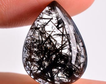 Quarzo rutilato nero naturale, cabochon a forma di pera, pietra preziosa sfusa per la creazione di gioielli, dimensioni 19X14X6 mm