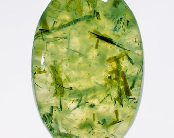 100% Natural Green Prehnite, Oval Shape Cabochon, Loose Stone for Pendant Making, 34X22X7mm