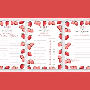 May include: Three white bridal shower game cards with red strawberry illustrations and text. The cards have titles like "Who Knows the Bride Best" and "Guess Who Bride or Groom!" with fill-in-the-blank questions.