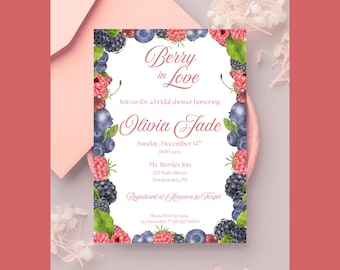 Berry Bridal Shower Invitation, Welcome Sign, and Table Numbers, Editable Template