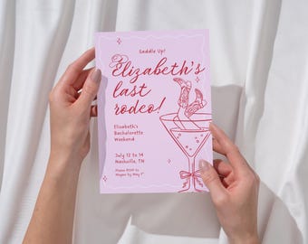 Invitación e itinerario de despedida de soltera vaquera rosa, plantilla de despedida de soltera estilo western, invitación editable en Canva, temática de rodeo