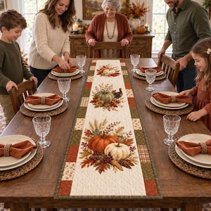 May include: A rectangular quilted table runner featuring a central cream-coloured panel decorated with printed illustrations of pumpkins, autumn leaves, wheat, and a turkey, bordered by a patchwork pattern of green, brown, and orange fabric squares.