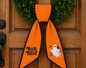 Fascia per ghirlanda di Halloween, fiocco per ghirlanda con fantasma ricamato, decorazione per porta d'ingresso "Dolcetto o scherzetto", nastro arancione per porta di Halloween, decorazione per portico in stile rustico