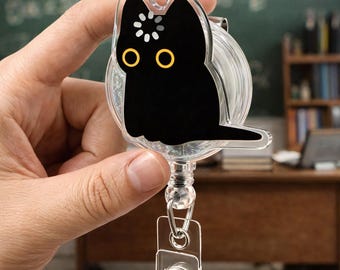 Black Cat Badge Reel, Cute Cat Nurse Badge Holder, Acrylic Keychain, Kawaii Cat Phone Dust Plug, Halloween Cat Gift for Nurse Teacher